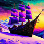 Colorful sunset sky painting of sail ship on snow landscape