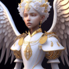 Ethereal figure in white and gold ornate armor with angelic wings