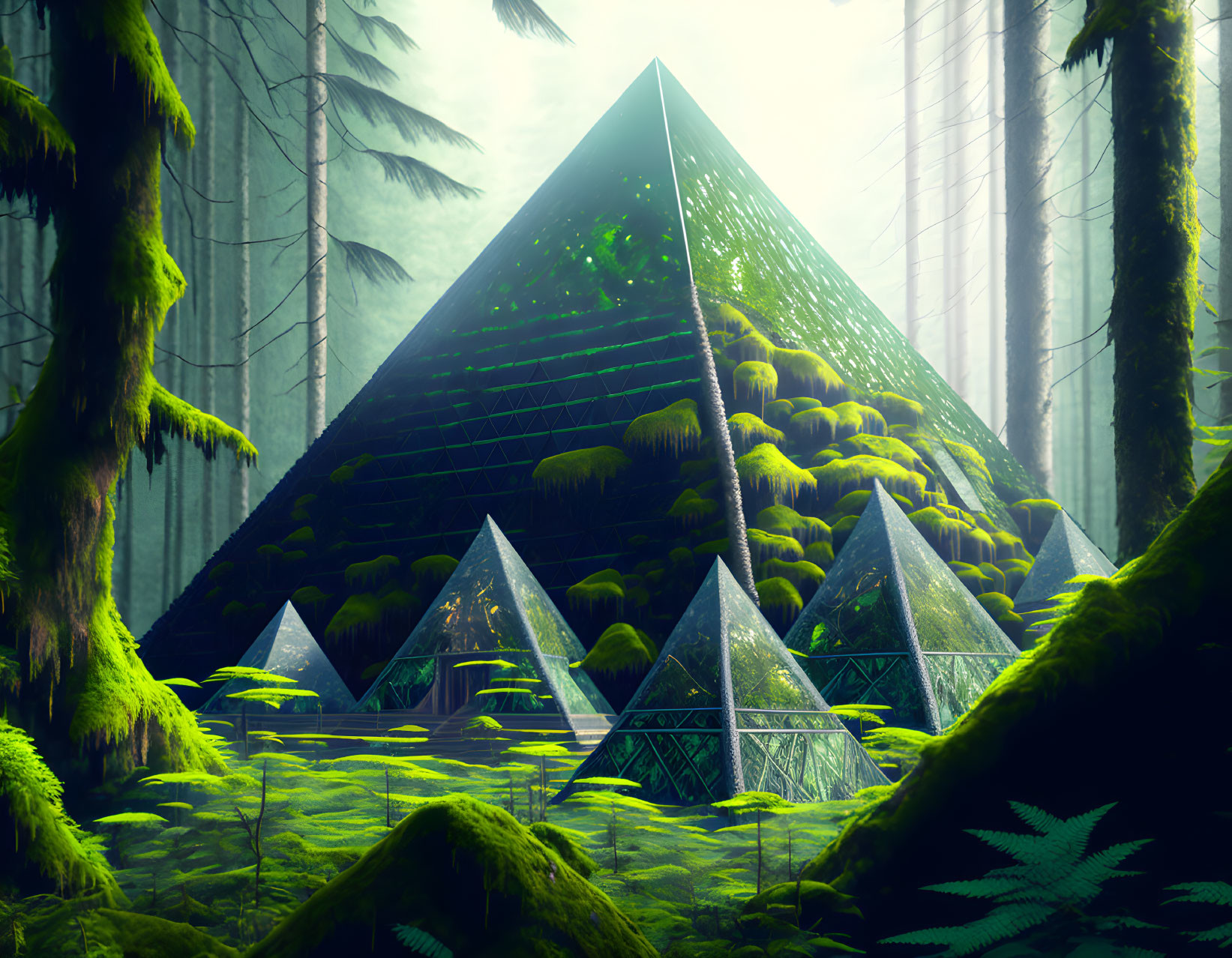 Glass Pyramids in Lush Forest with Sunlight and Greenery