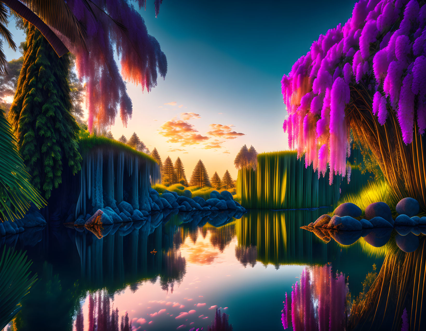 Surreal landscape with purple trees, reflective water, and colorful sky