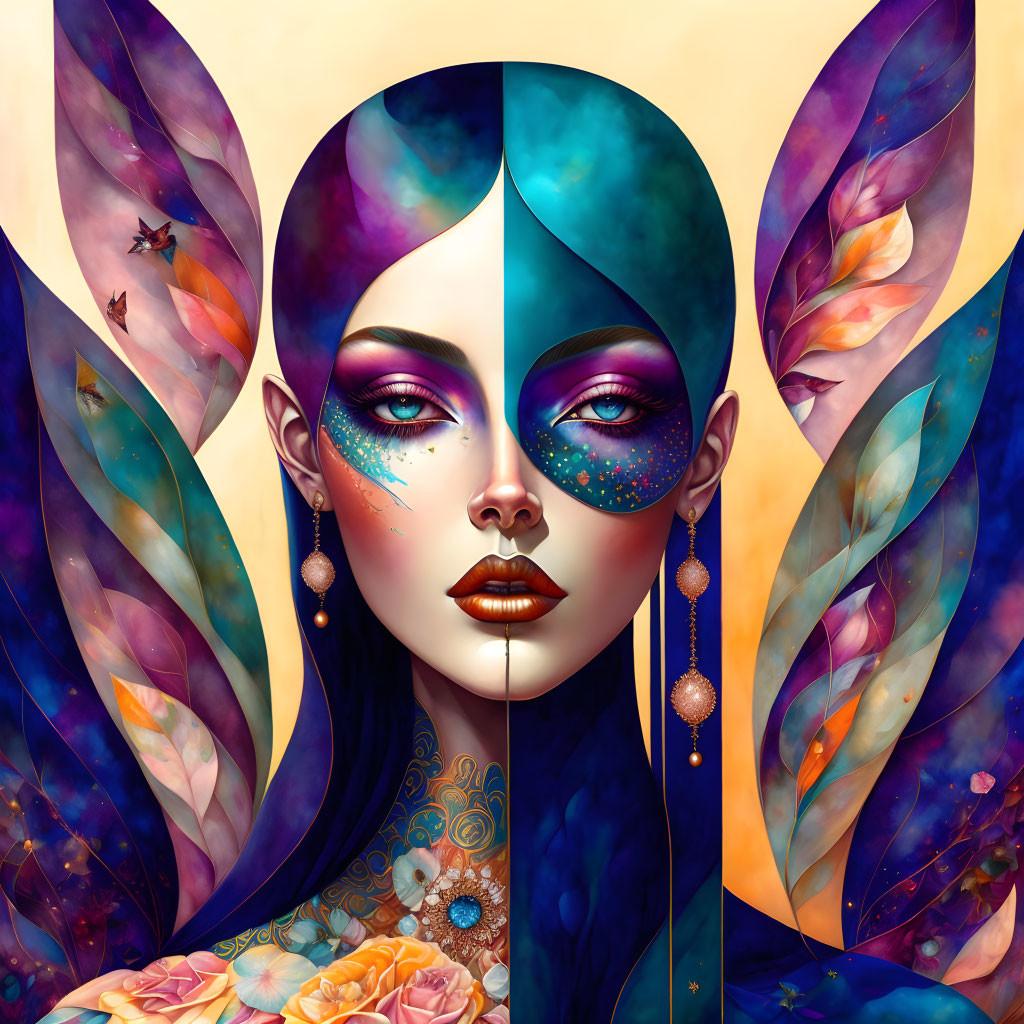 Symmetrical two-tone face fantasy illustration with butterfly wings