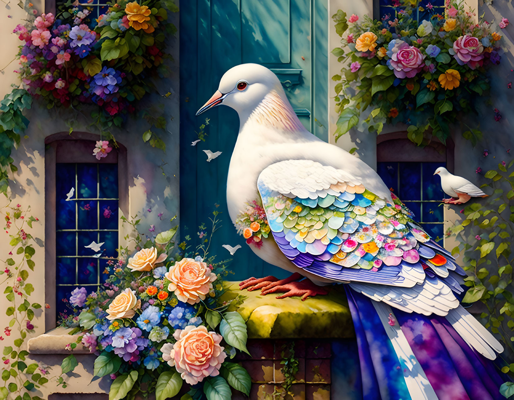 Colorful stylized pigeon with iridescent feathers among vibrant flowers and blue door.