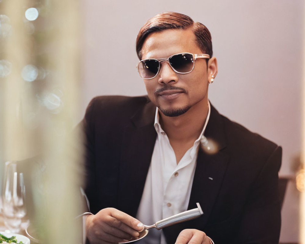 Fashionable man in sunglasses and black suit at dining table with fork and plate of food.