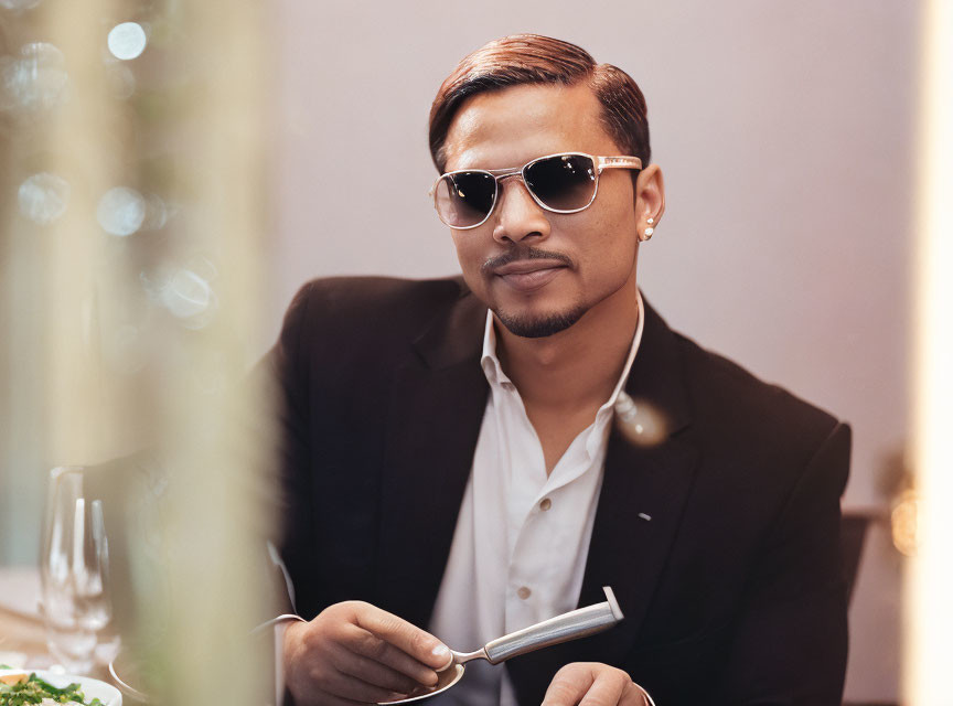 Fashionable man in sunglasses and black suit at dining table with fork and plate of food.