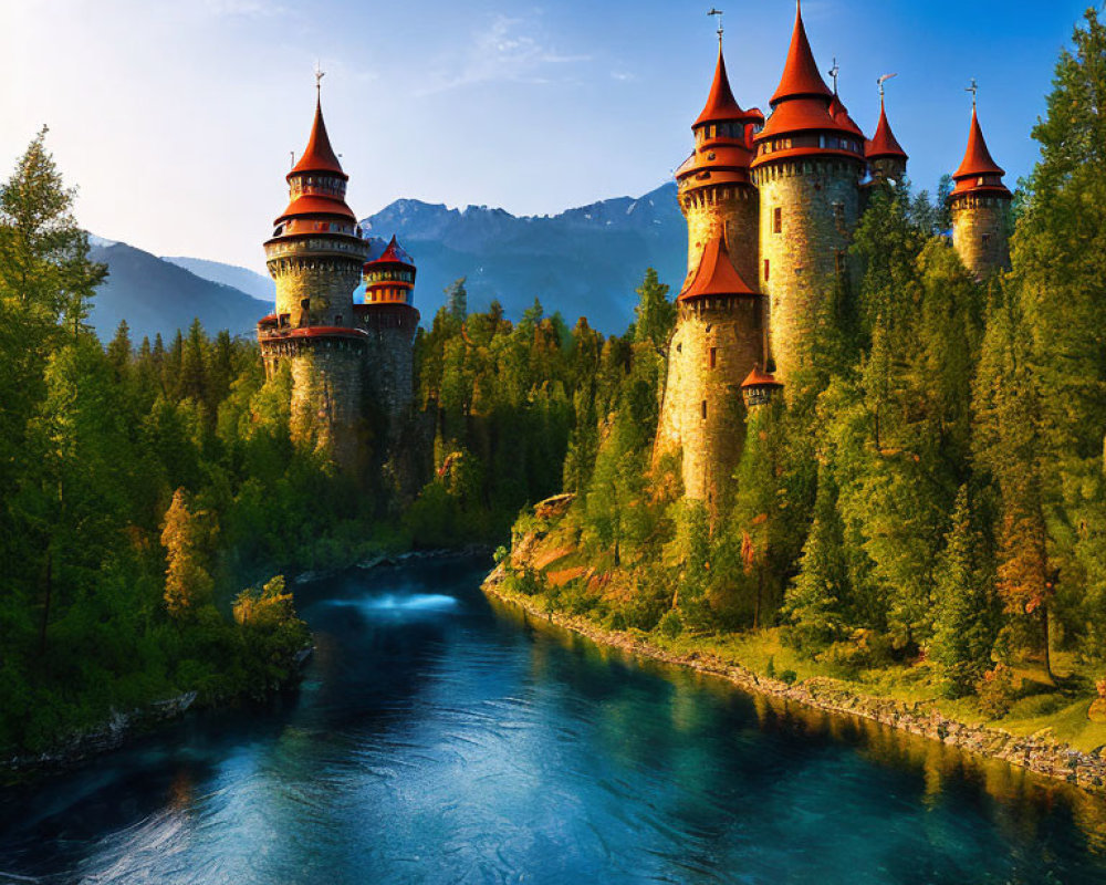 Castle with spires in lush greenery by blue river at sunset