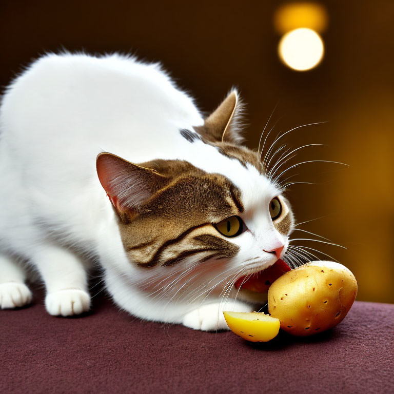 White and Tabby Cat Licking Yellow Toy Ball on Golden Background