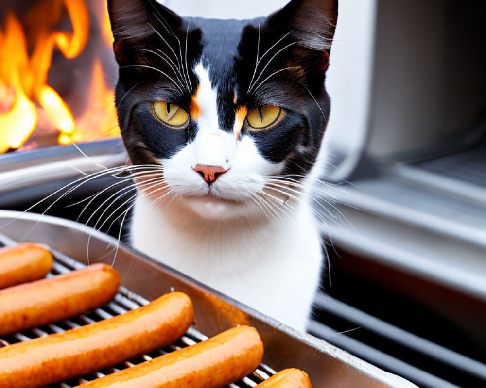 Black and white cat with orange spots near grill with hot dogs and flames