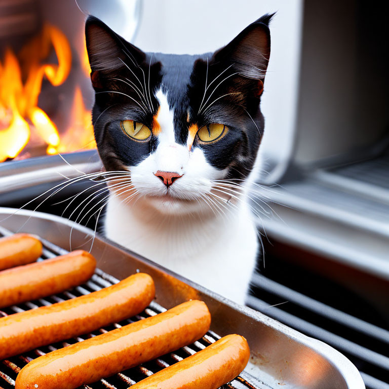 Black and white cat with orange spots near grill with hot dogs and flames