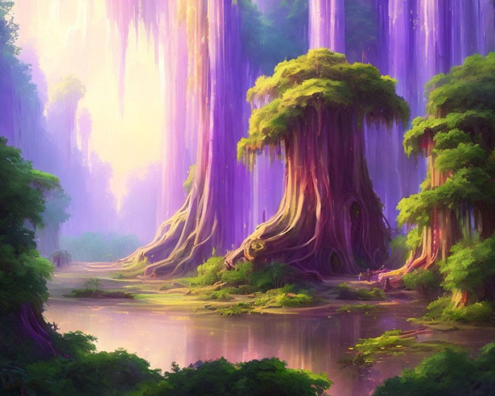 Majestic forest scene with tall trees, purple foliage, tranquil river, and sunbeams.