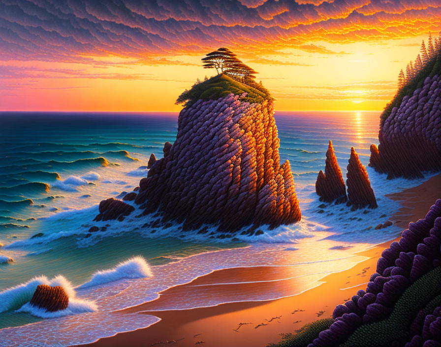 Digital artwork: Seaside with purple cliffs, sunset sky, and gentle waves