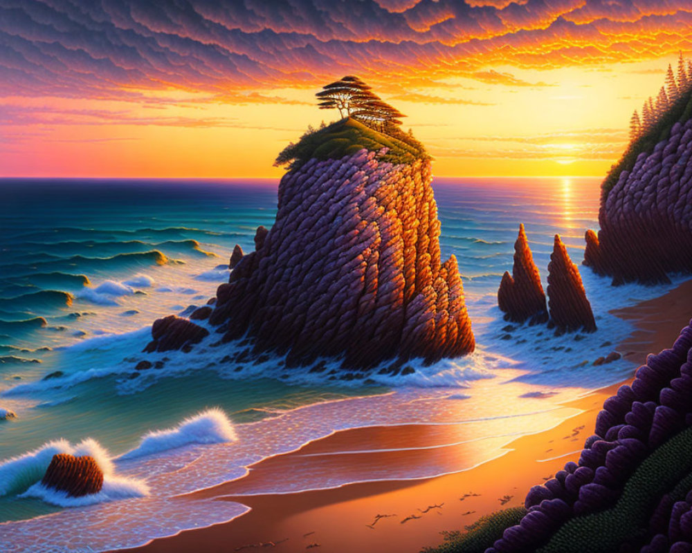 Digital artwork: Seaside with purple cliffs, sunset sky, and gentle waves