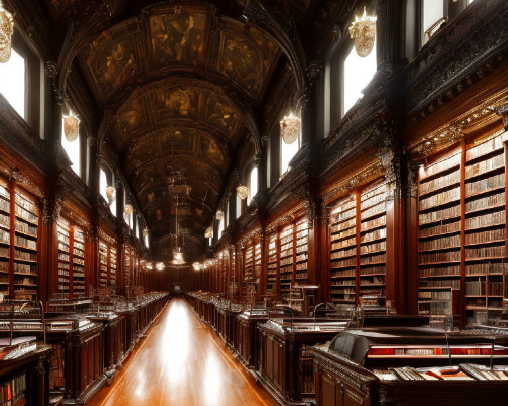 Opulent library with dark wood bookshelves and vintage chandeliers