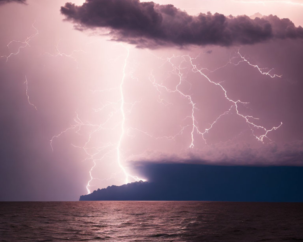 Intense ocean thunderstorm with lightning strikes