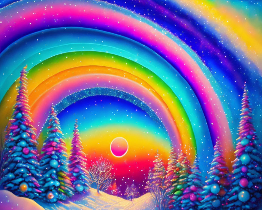 Winter scene with colorful rainbow over snow-covered trees