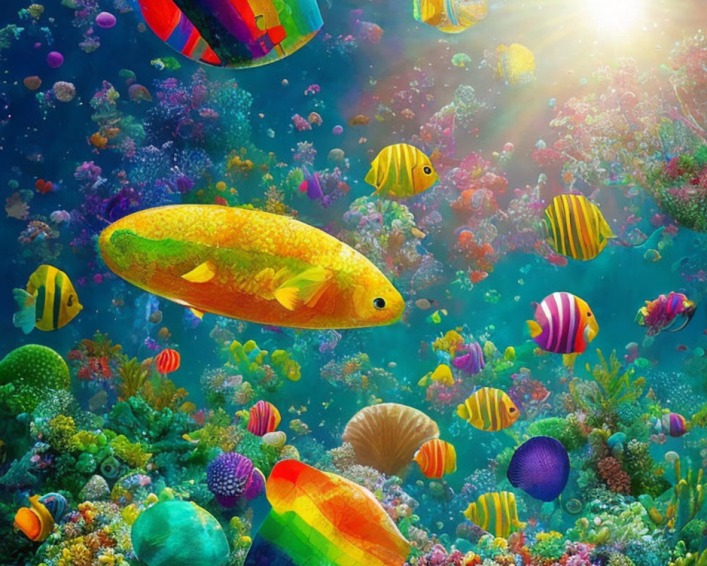 Colorful Fish and Coral Reefs in Vibrant Underwater Scene