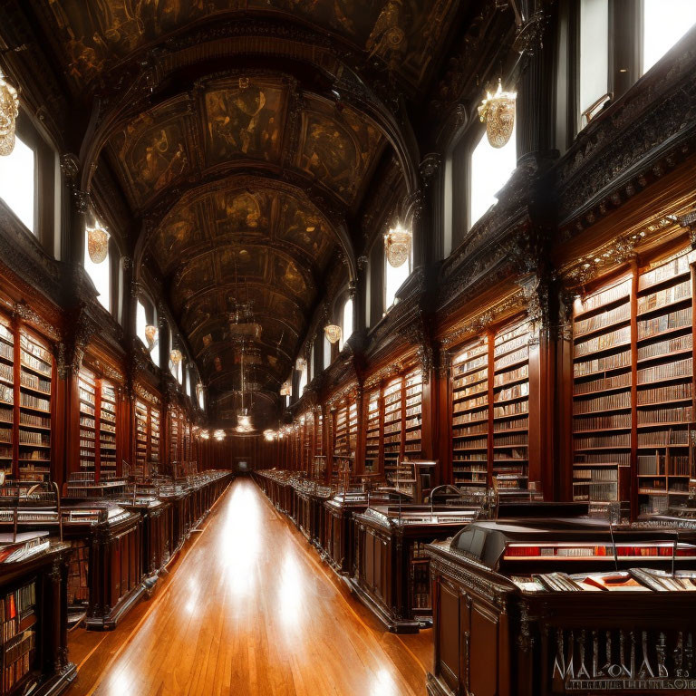 Opulent library with dark wood bookshelves and vintage chandeliers