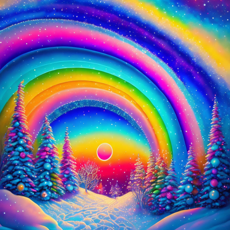 Winter scene with colorful rainbow over snow-covered trees