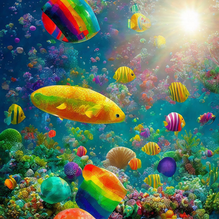 Colorful Fish and Coral Reefs in Vibrant Underwater Scene