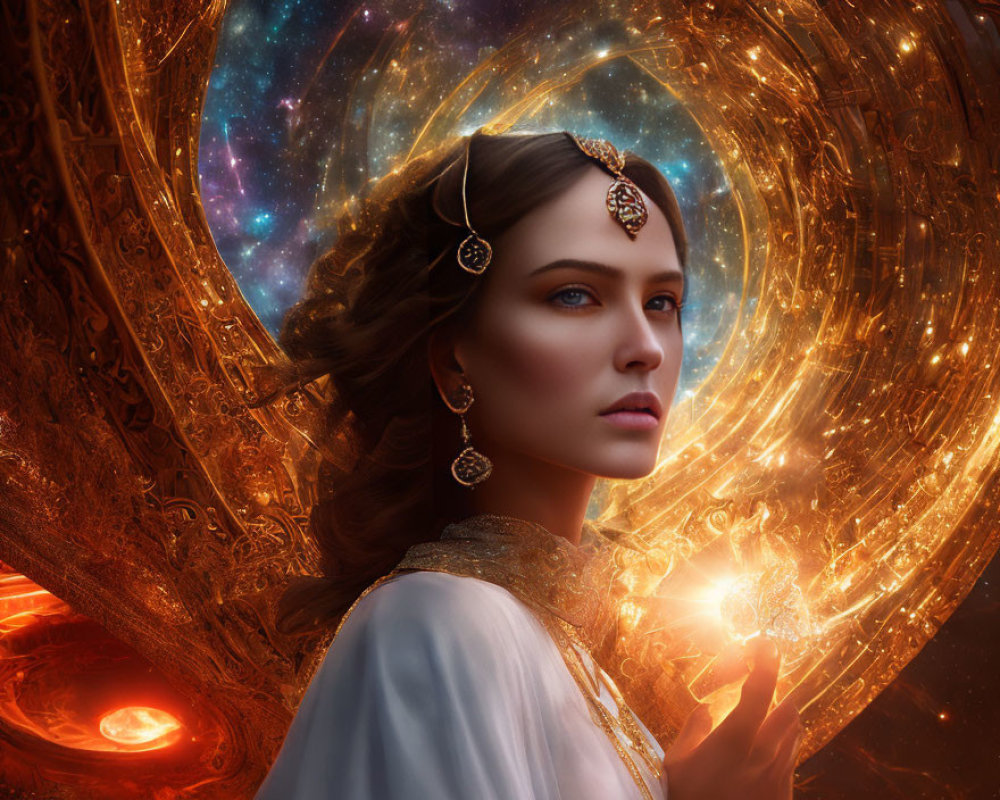 Woman adorned with ornate jewelry in cosmic setting with golden swirls and glowing sphere