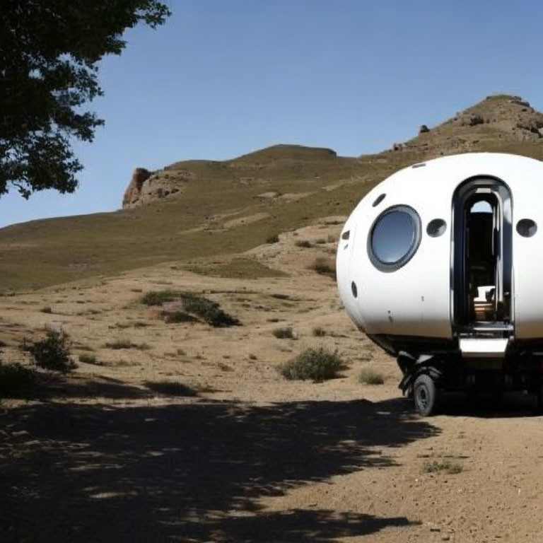 Futuristic capsule trailer in desert landscape