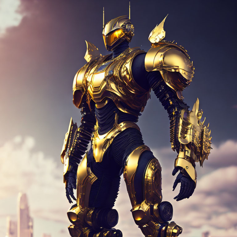 Golden Armored Robot in Futuristic City Skyline