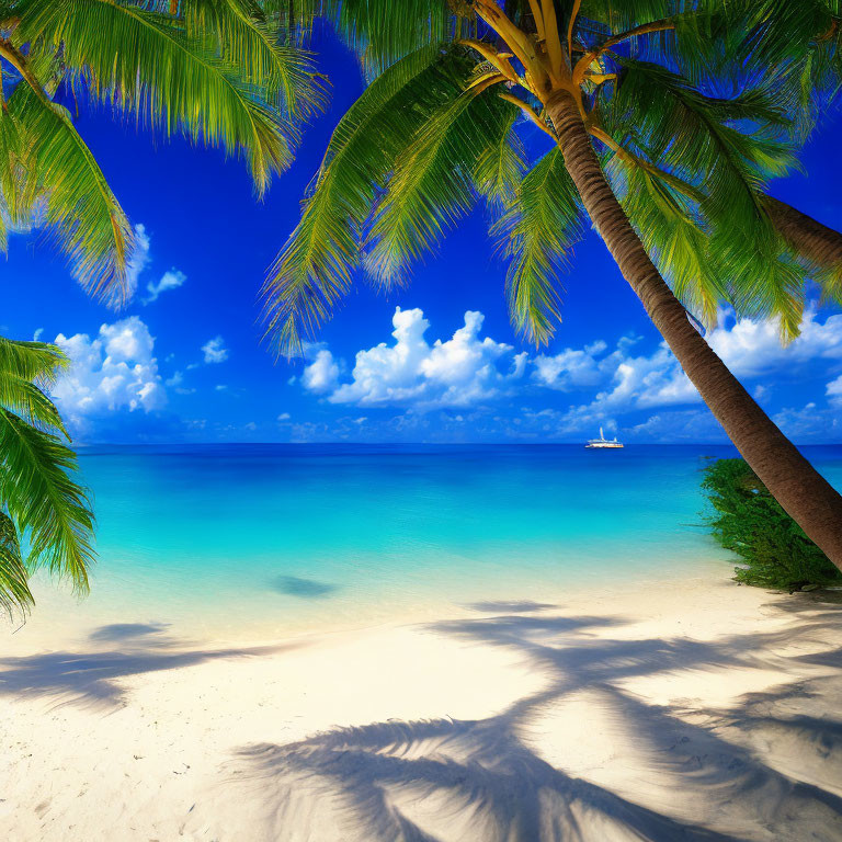 Sunny Tropical Beach Scene with Blue Water and Palm Trees