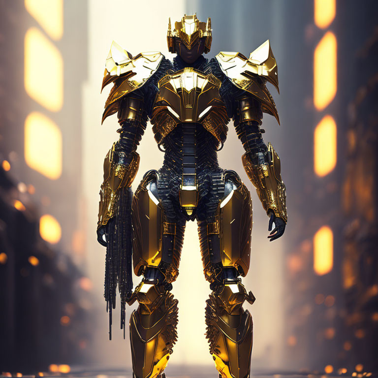 Golden Armored Robot Stands in Cityscape at Sunset