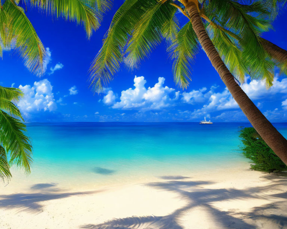 Sunny Tropical Beach Scene with Blue Water and Palm Trees