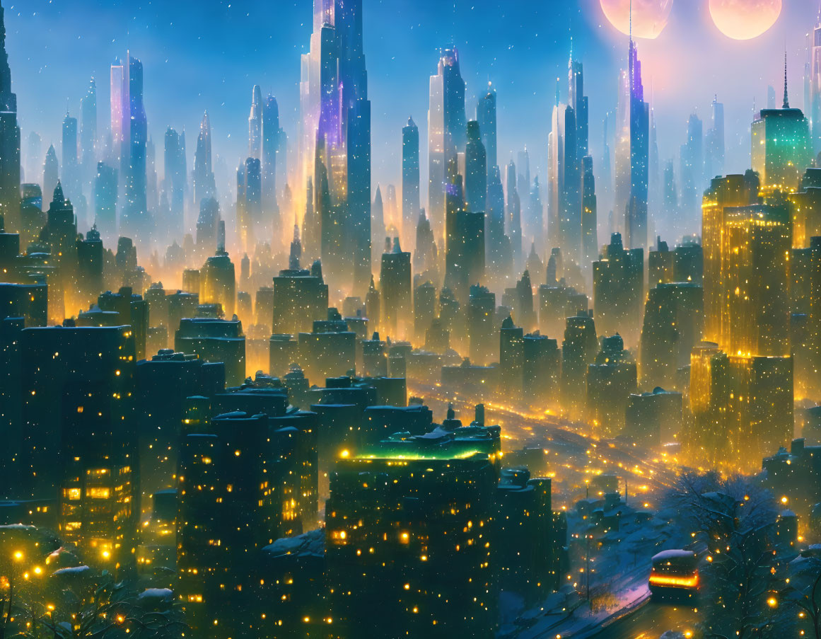 Snowy futuristic cityscape with glowing buildings under two moons