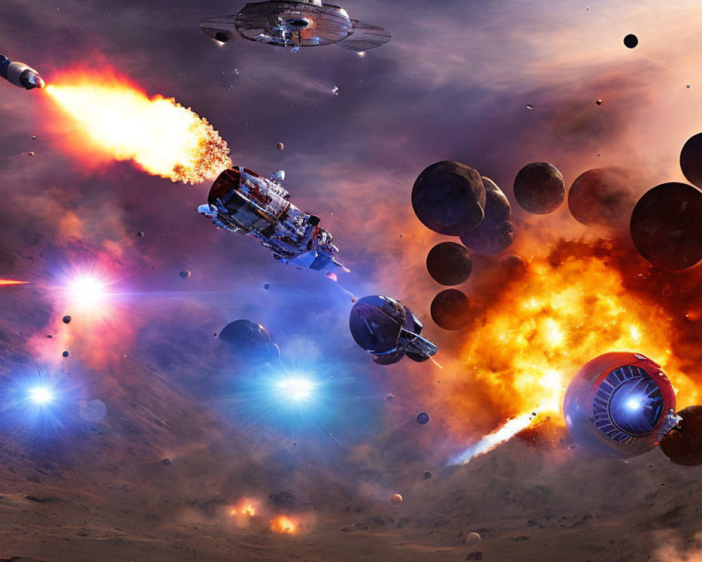 Intense space battle with exploding spacecraft amid planets and stars