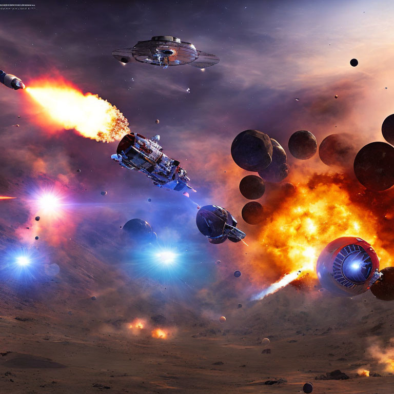 Intense space battle with exploding spacecraft amid planets and stars