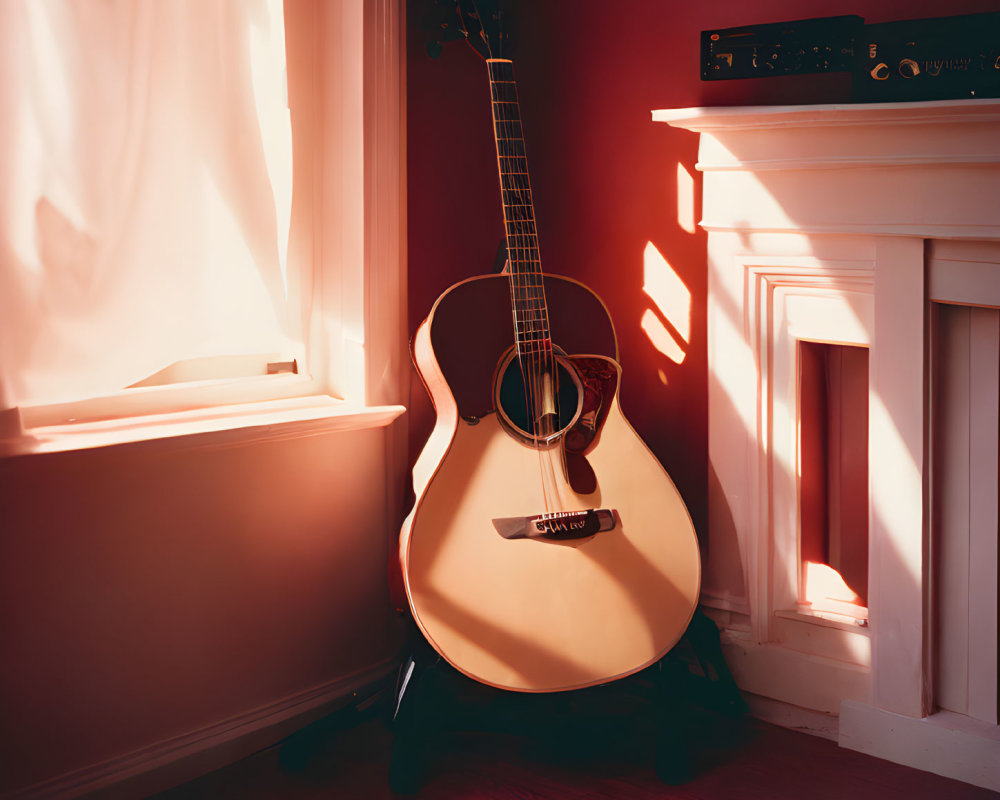 Cozy room with acoustic guitar by sunny window