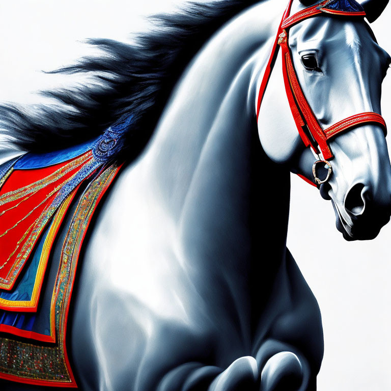 Gray horse with black mane in red harness and blue/red blanket