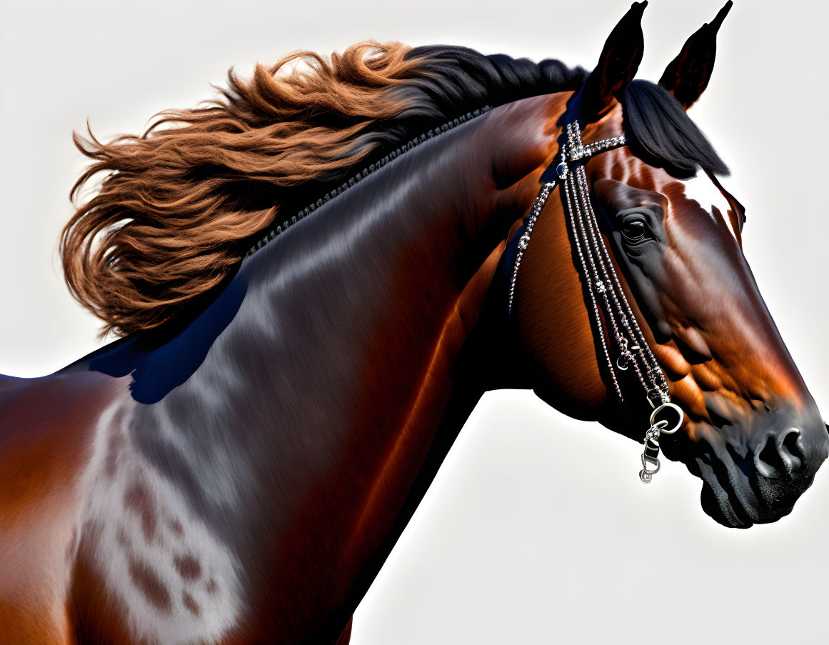 Brown Horse with Flowing Mane and Detailed Bridle on White Background