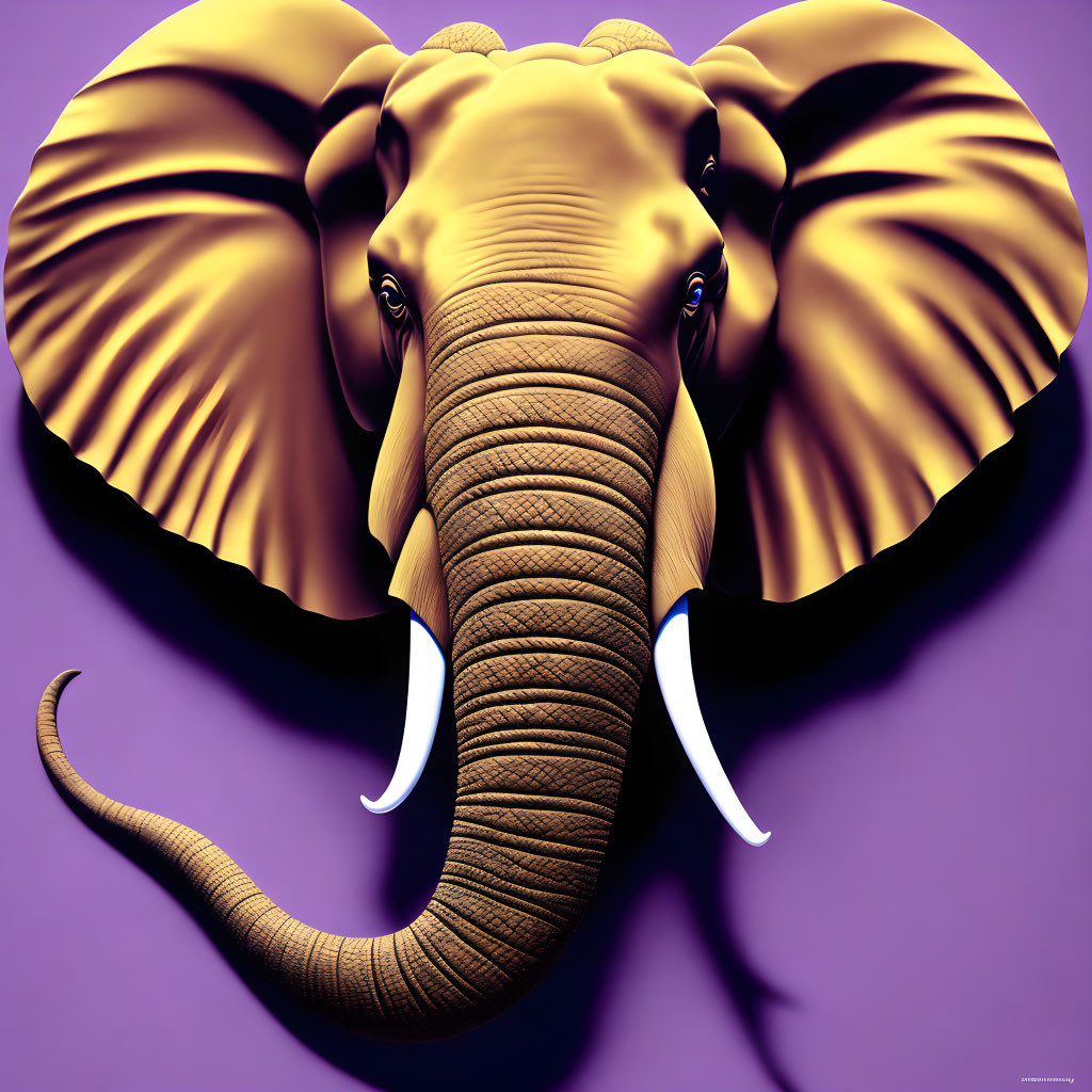 Stylized elephant with tusks and trunk on purple background