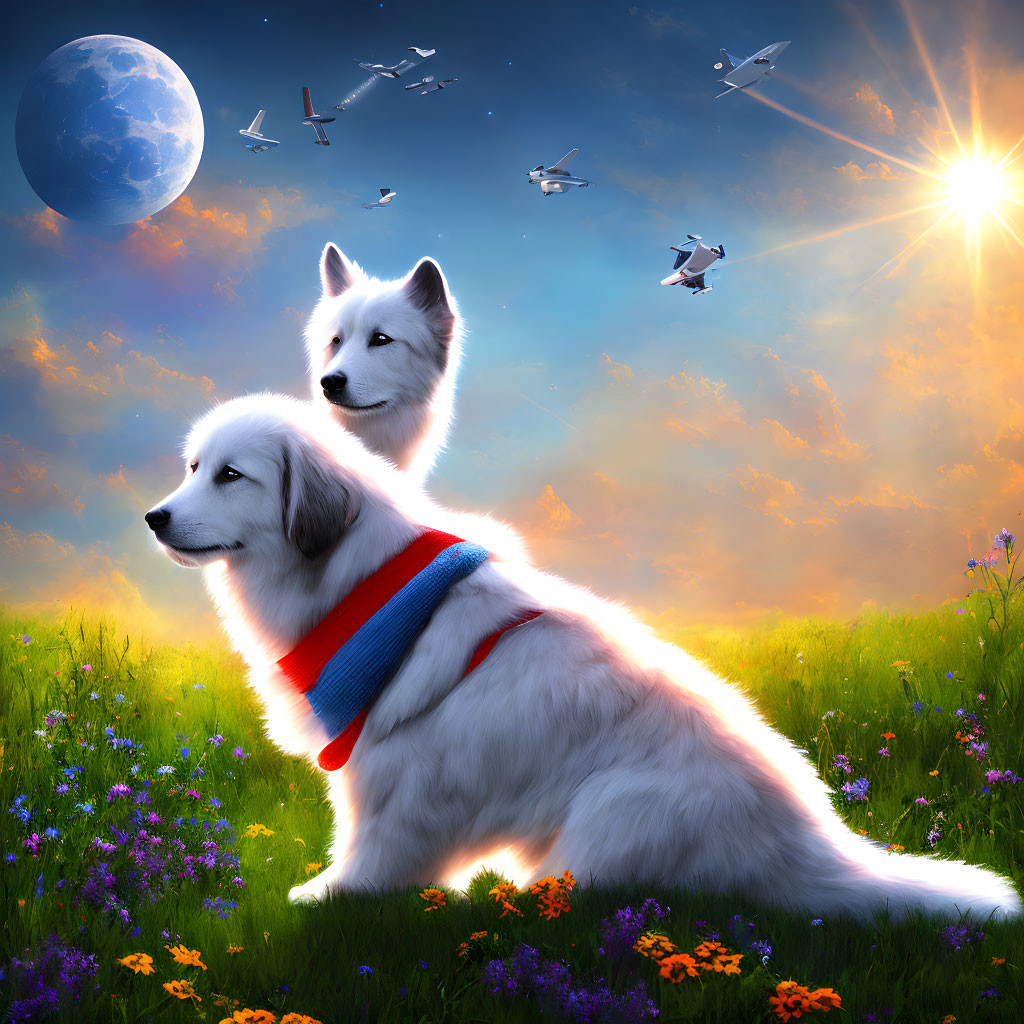 Fluffy white dogs in surreal meadow with moon, sun, and drones