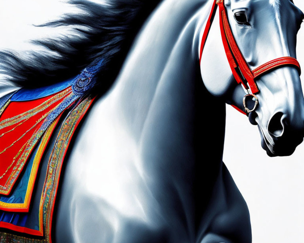 Gray horse with black mane in red harness and blue/red blanket