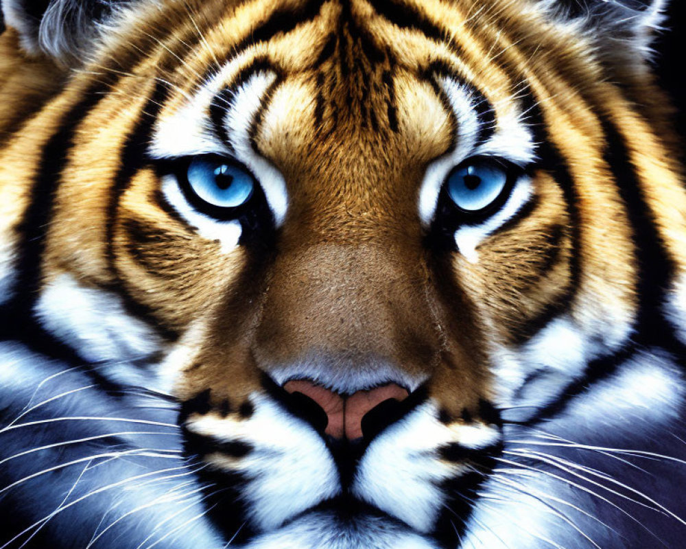 Detailed Tiger Face with Striking Blue Eyes on Dark Background