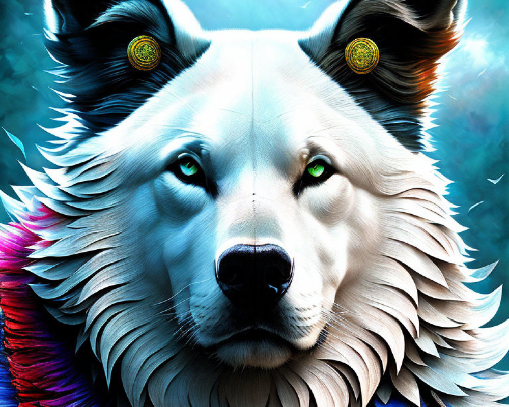 Colorful Wolf Close-Up Artwork with Golden Eyes on Blue Background