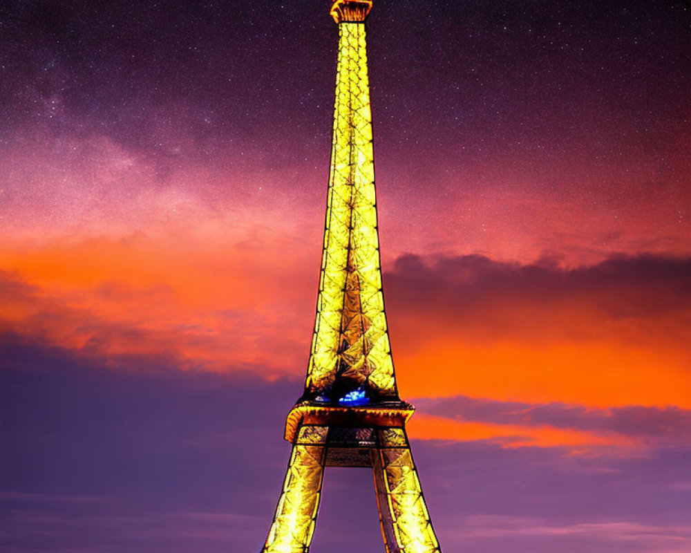 Iconic Eiffel Tower Night Illumination with Twilight Sky