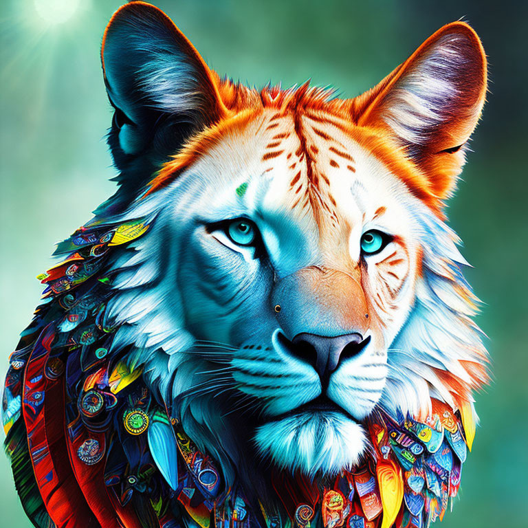 Colorful Lion Illustration with Badges on Teal and Green Background