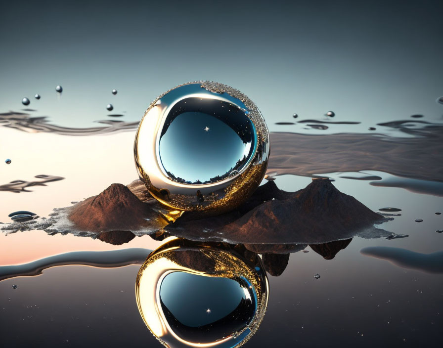 Crystal Sphere Resting on Jagged Rocks Reflecting Twilight Water Surface