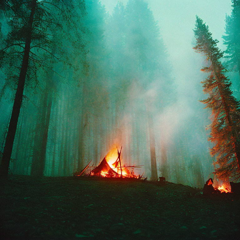 Vibrant campfire in misty forest at dusk with glowing orange ambiance