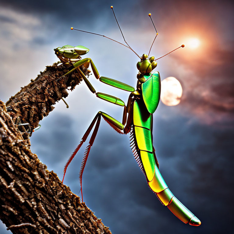 Colorful Praying Mantis on Branch Against Dramatic Sky