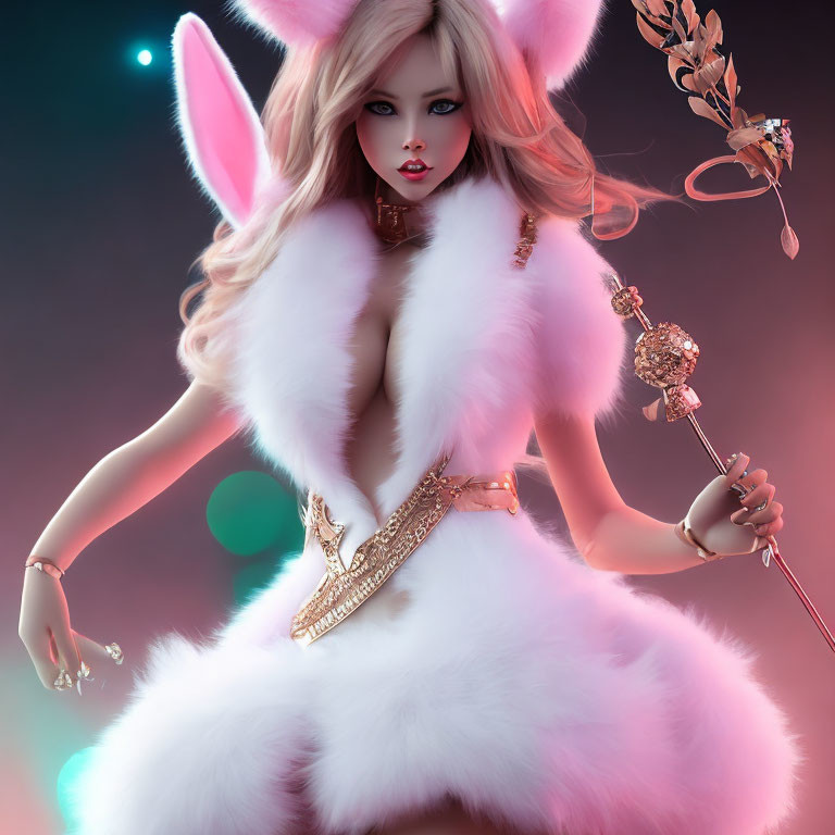 Anthropomorphic female figure with rabbit-like features in white and pink fur holding a scepter