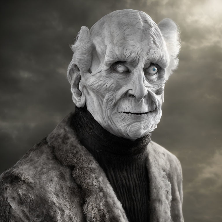 Monochromatic image: Elderly creature with prosthetic makeup