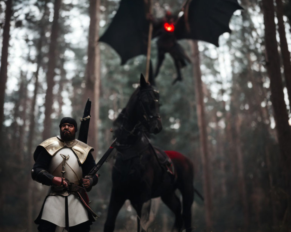 Knight in armor with horse facing ominous figure in misty forest