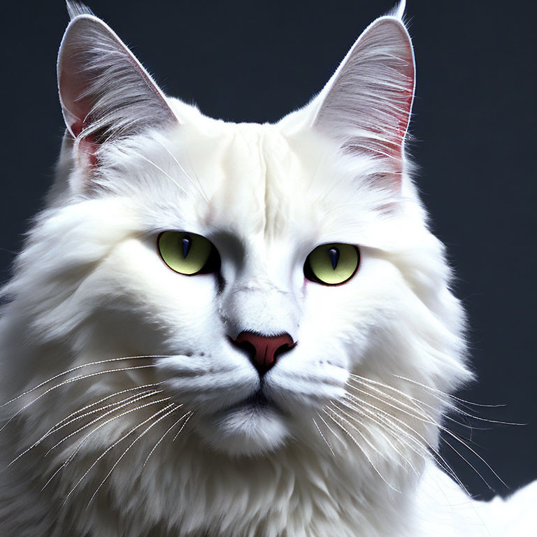 White Fluffy Cat Portrait with Yellow Eyes and Pink Nose