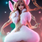 Anthropomorphic female figure with rabbit-like features in white and pink fur holding a scepter