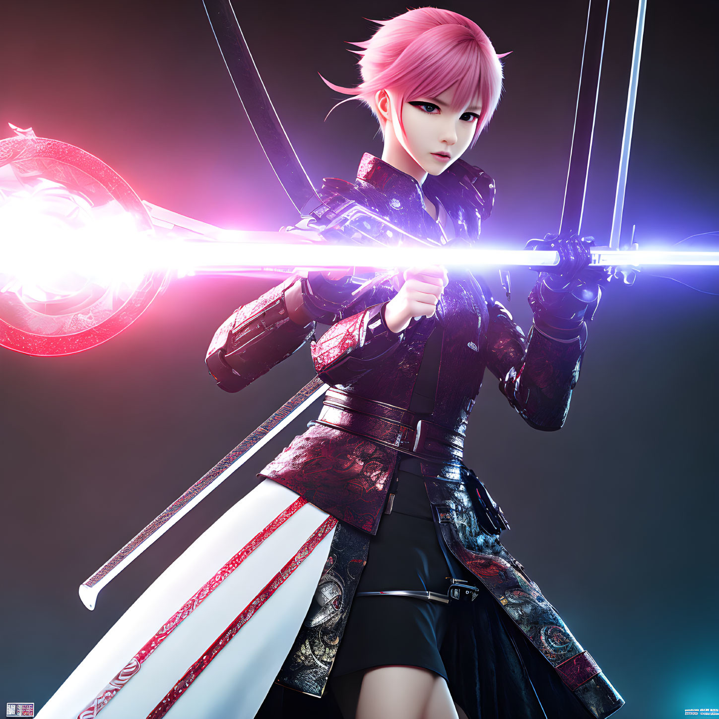 3D-rendered female character with pink hair holding glowing double-ended sword in black and red outfit